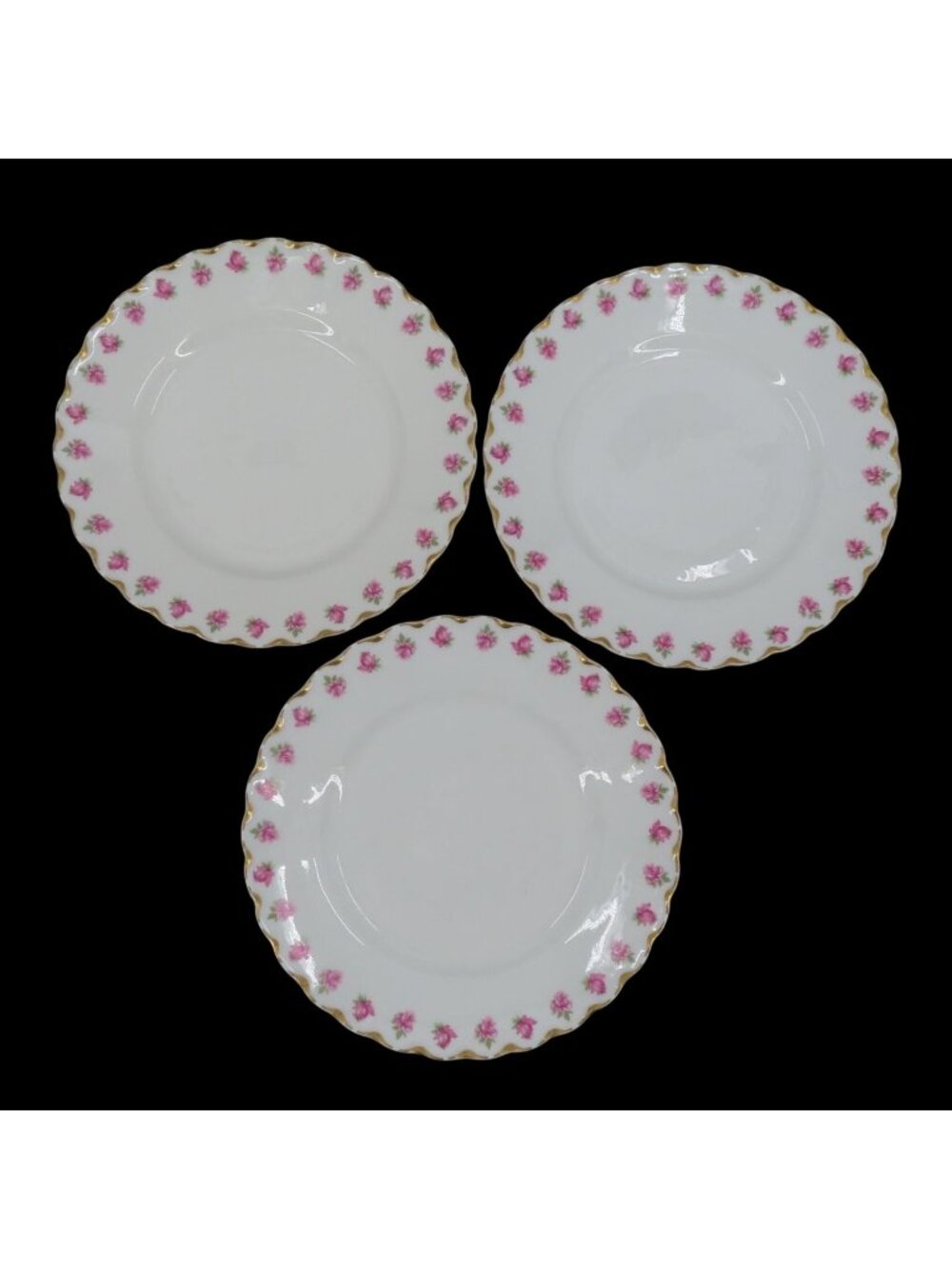 Haviland Limoges Set 3 Plates 7.25in Pink Rose Flower Gold Scallop Gimbel Bros